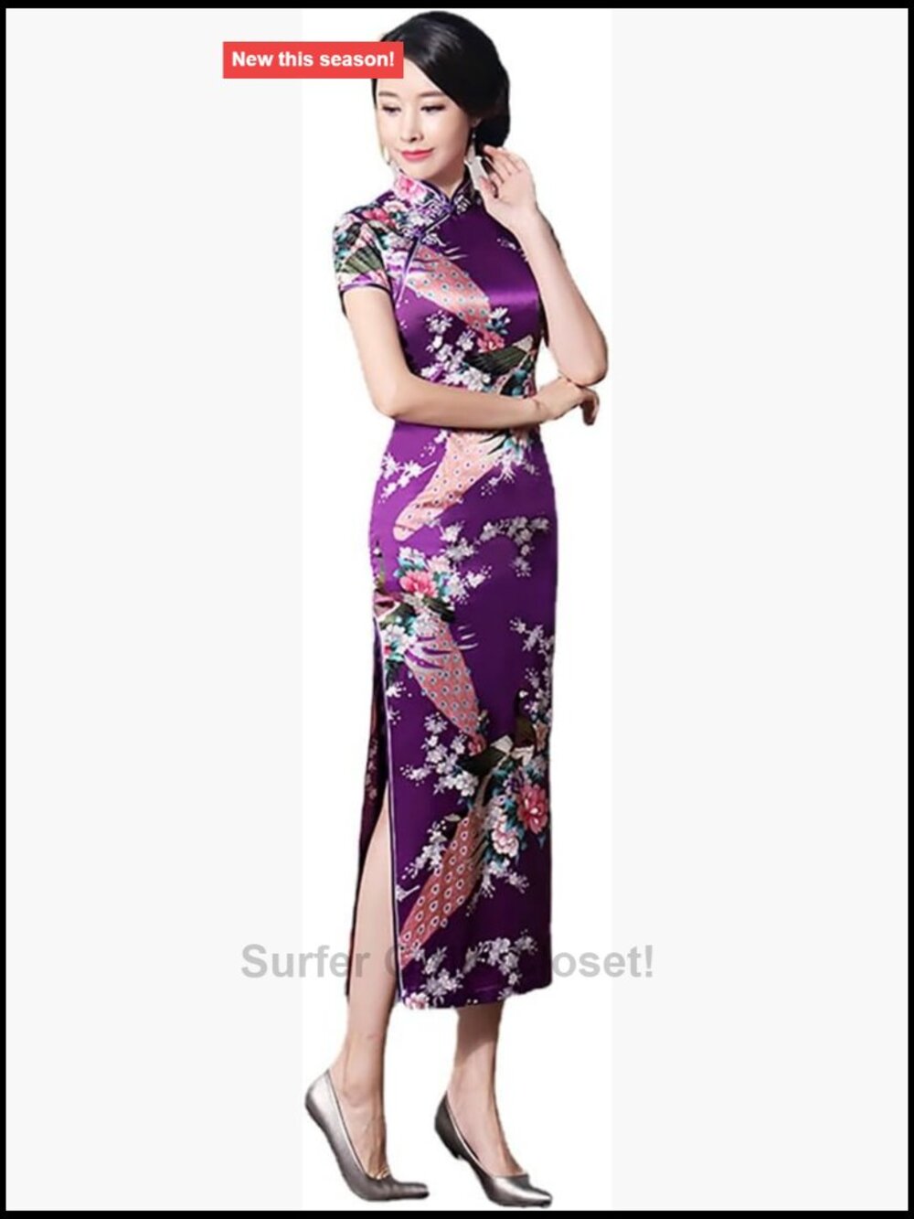 Chinese Style Cheongsam Silk Dress, Retro Floral Print, Long Sleeve, Backless,